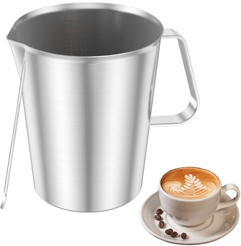 Stainless Steel Milk Jug with Handle 1000 ML/34 OZ Milk Frother Pitcher with Clear Marking Rust Proof Large Mouth Milk Pitcher Cup for Coffee Cappuccino Latte Art Barista