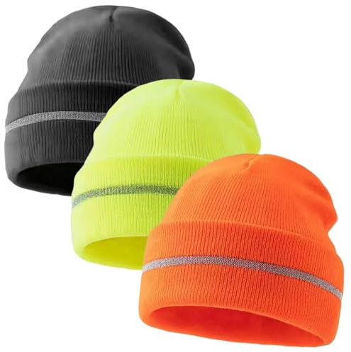 Lot de 3 bonnets réfléchissants en tricot chaud haute visibilité pour adulte, chapeau réfléchissant de sécurité pour la course en plein air, le cyclisme, la randonnée, le ski, orange, jaune et