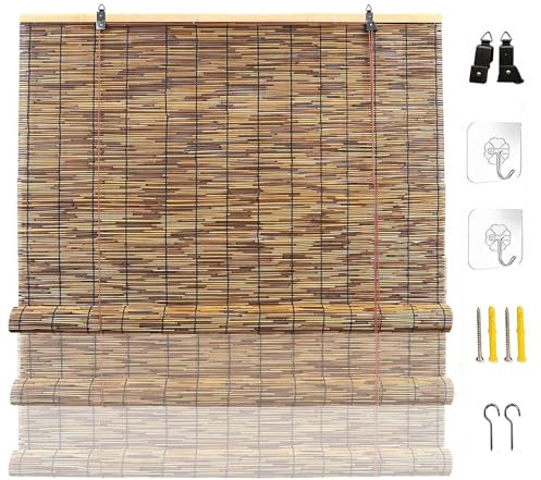 Persianas Enrollable Cortina de Bambu Exterior, 80 100 120 200cm, Opacidad 70% Persianas Enrollables Exterior para Porche Cenador Terraza, Natural Estores de Bambú, Protección Solar(W75cm x H215cm)