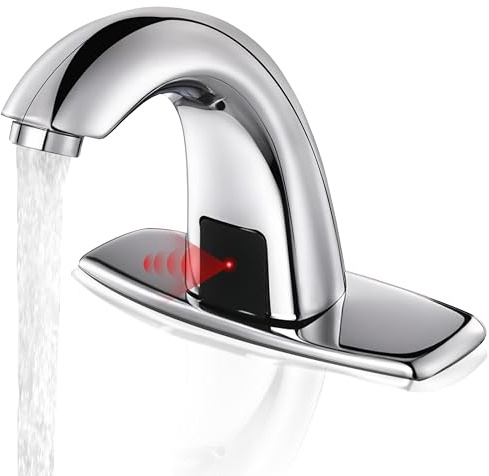 Automatic Touchless Bathroom Sink Faucet Commercial Sensor Motion Activated Hands Free Basin Auto Tap with Deck Cover Plate Battery Operated Temperature Valve Water Saving Modern Stylish（Chrome）