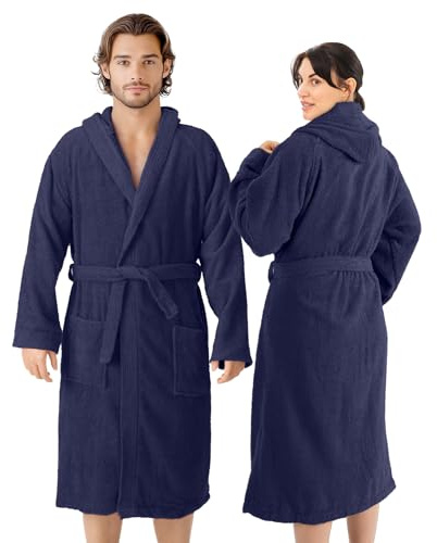 HOMELEVEL Bademantel Damen Herren - Bademantel Damen Frottee Baumwolle - Bademäntel für Sauna Urlaub Zuhause oder Schwimmbad - Mit Kapuze und Taschen