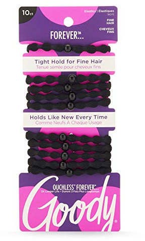 Goody Ouchless Forever Fine Hair Elastics - 10 Ct, Black, Damage-Free Bands, 3X Stronger Hair Ties, Retainable Shape, 16 Strand Inner Core, Hair Accessories for Women & Men