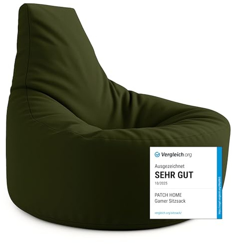 PATCH HOME Gamer kudde & lounge sittsäck fåtölj sittdyna sittsäckar gaming, redo med frigolitfyllning lämplig för inomhus- och utomhusbruk (kaki, Ø 65 cm x höjd 70 cm junior)