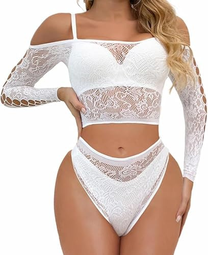 Buitifo Lingerie da Donna a Rete Mini Abito Camicia da Notte Sexy Biancheria Intima Bodysuit Pigiama Set(Bianco 50,Taglia Unica)