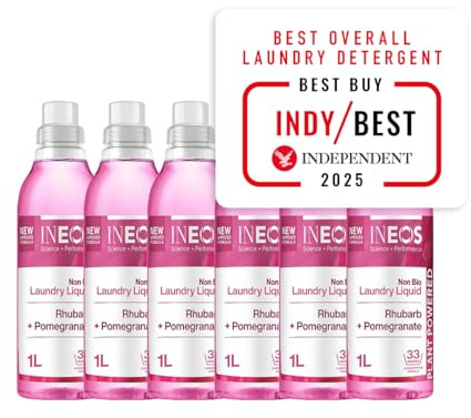 INEOS Next-Gen Non Bio Laundry Washing Liquid Detergent, 198 Washes (6 x 1L), High Performance Stain Remover For Clothes, Plant Powered, For Sensitive Skin, Rhubarb + Pomegranate, Packaging May Vary