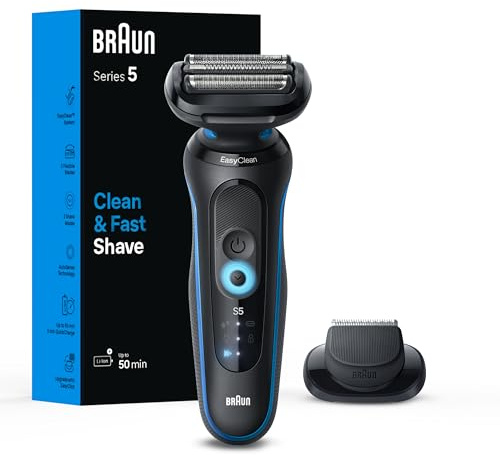 Braun Afeitadora eléctrica para hombre, serie 5 5118s, afeitado húmedo y seco, modo de afeitado turbo, afeitadora de aluminio, diseñada en Alemania, con recortadora de precisión, azul