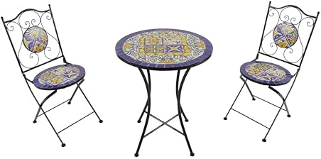 AXI Amélie Table Et Chaise Bistrot, 2 Chaises 1 Table, Ensemble Bistro Extérieur Mosaique Bleu/Jaune, Mediterranéen | Salon De Jardin Bistrot, Table Bistrot Mosaique pour Jardin/Balcon/Terrasse