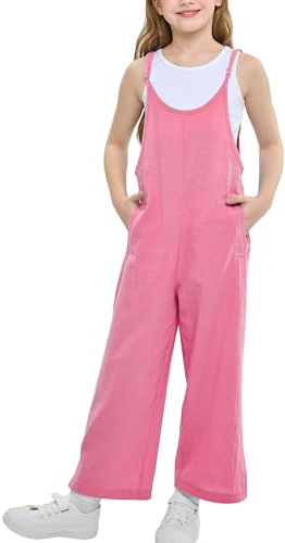 Rolanko Girls Jumpsuit Adjustable Spaghetti Strap Loose Overalls Rompers, Cotton Baggy Plain Playsuits with Pockets for Age 5-12 Years, Pink, Size: 6-7 Years, 130