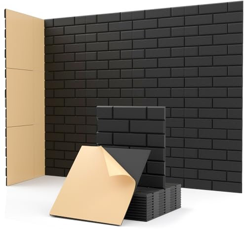 Acoustic Panels Soundsbay, Sound Proofing Panels Self-adhesive, 12 Pack Acoustic Wall Panels Brick, High Density Soundproofing Panels for Wall, Recording Studios, Home, Office 30x30x0.9cm Black
