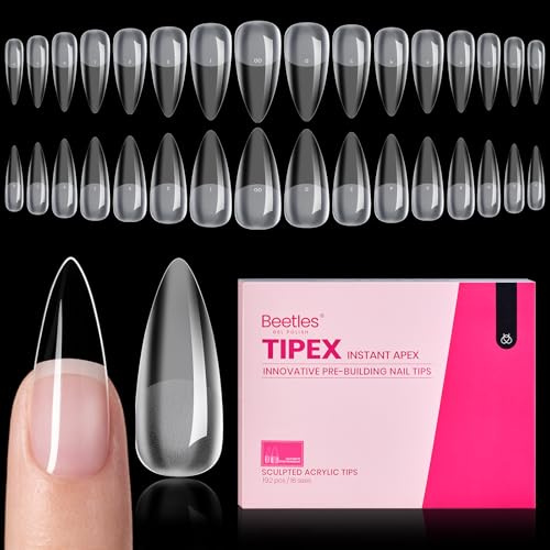 Beetles Tipex Instant Apex Nail Tips, Stiletto Medium, 16 Sizes (00–14), 192pcs, Built-In Apex, No Builder Gel Required, Thicker Strong Acrylic Tips for DIY Nail Extensions