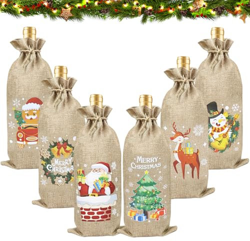 JOKILY Vinflaska jul, skydd – flaskpåse med dragsko – dekoration för hem, middag, fest & bord, 1 stück (6er Pack)