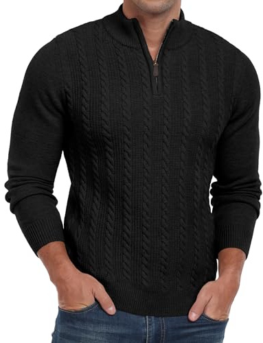 Hisir Chandail à col rond pour homme avec fermeture éclair - Tricot câblé - Pull d’hiver à manches longues - Pull décontracté pour homme, Noir , M