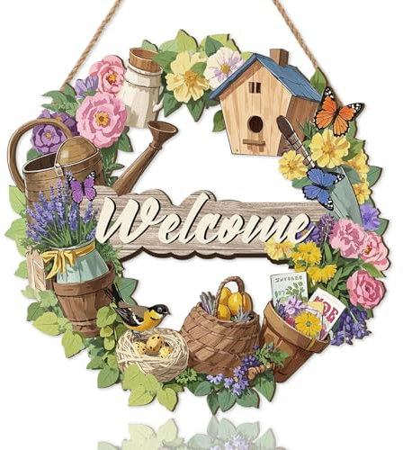 ANHUIB Welcome Signs Front Door Colorful Welcome Wreath Hanging Wall Art Flower Wooden Wall Decor Gargen Wood Plaque Home Decor for Outdoor Porch Garden Gate Hanger Farmhouse House Signs for Outside