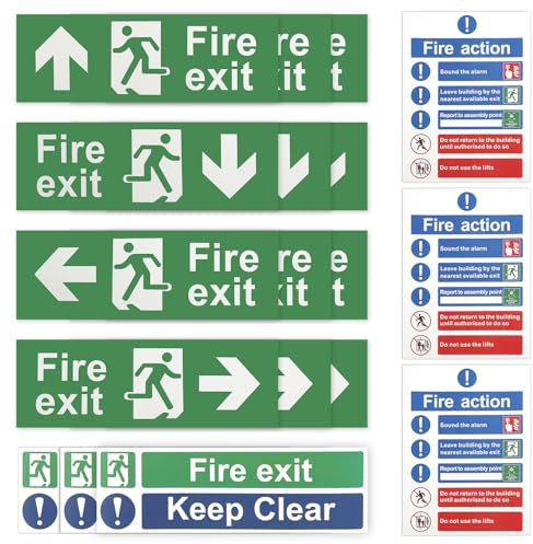 Fire Exit Sign Set, 21 PCS Self Adhesive Fire Safety Signs (Right, Left, Up, Down Arrow), Fire Door Keep Shut Signs, Fire Action Notice, Fire Exit Keep Clear Stickers
