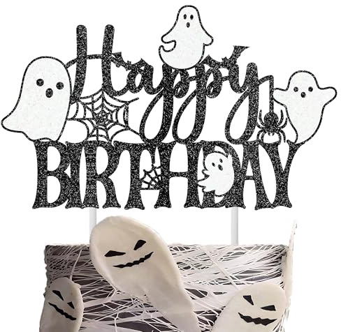 Halloween Happy Birthday Cake Topper Glitter Ghost Party Cake Topper Halloween Birthday Party Decoration for Spooky Ghost Spider Webs Bats Theme Birthday Party Baby Shower Supplies