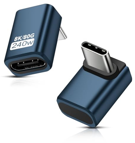 2 Stück USB C Extender Adapter 90 Grad, 80Gbps USB C Stecker zu Buchse Vertikaler Winkel Adapter, 240W Thunderbolt 5 Extension Connector für iPhone 15/16, Tablet, Telefone, andere Typ C Geräte (Grau)