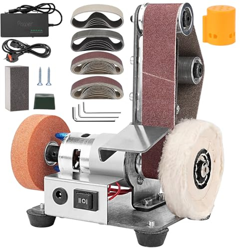 Junchamp 3-in-1 Electric Belt-Sander Polishing-Grinding Knife Sharpener, 7 Speed Adjustable Mini Power Sanding Machine Bench Grinder for DIY Model Crafts Jewelry Making, Wood Metal Working