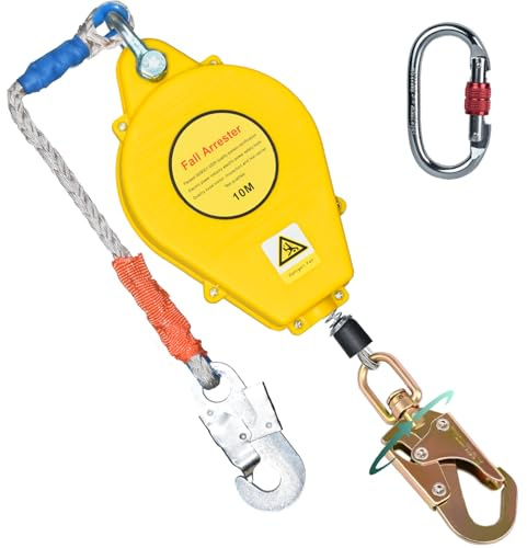 BOVDC Imbracatura di Sicurezza Anticaduta Tetto, Dispositivo Anticaduta Retrattile Certificato 10 mt, 150kg Dispositivo Retrattile di Sicurezza Anticaduta Tetto/Lavoro Aereo (Giallo)