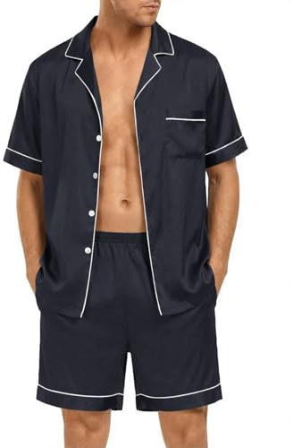 Runcati - Pigiama da uomo, corto, in satin, set da 2 pezzi, a maniche corte, con bottoni, camicia e pantaloni in tinta unita, pigiama estivo da uomo, biancheria da notte, grigio scuro, M