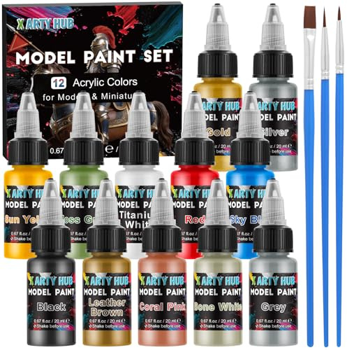X ARTY HUB Modellfärgsats – 12 Färger med 3 Penslar, Miniatyrfärger (Bas/Hudtoner/Skuggor/Metallics) för Airbrush & Handmålning, Akrylfärg för Modeller, Miniatyrer & Wargaming Rekvisita
