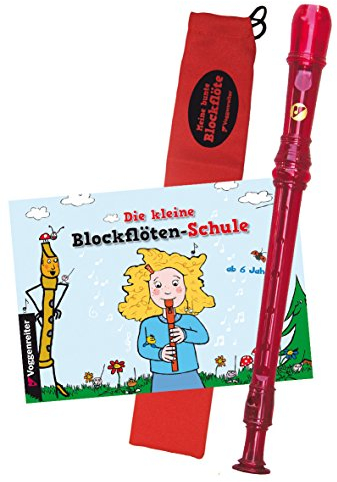 Buntes Blockflöten-Set dt. GW: Rote Kunststoff-Blockflöte, Wischer + Buch (im Blister)
