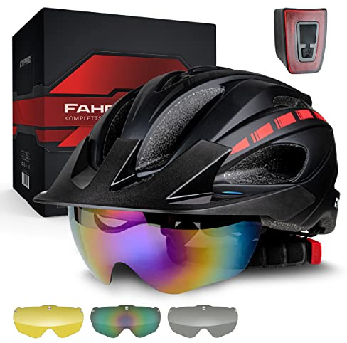 CYPAQ Fahrradhelm mit Visier - Fahrradhelm Herren & Damen M/L - 3 Magnetische Visiergläser - City-, Trekking- & Rennradhelm mit integriertem Licht, Waschbares Polster & Beutel (L)