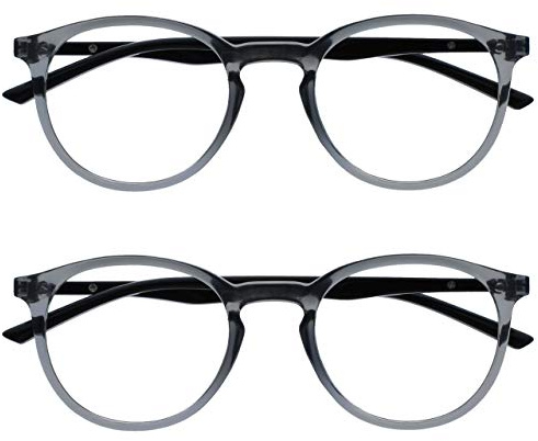 OPULIZE Met Lesebrille 2er Pack Schlank Runder Rahmen Federscharniere Kratzfest Transparent Grau Schwarze Bügel Herren Damen RR60-7 +3.00