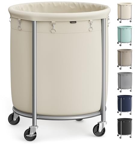 SONGMICS 50.2-Gallon (190 L) Laundry Basket with Wheels, Rolling Round Heavy-Duty Laundry Hamper Cart with Steel Frame and Removable Bag, 2 Locking Wheels, Cream White and Metallic Silver URLS01MZ