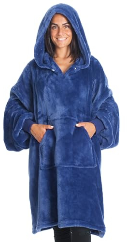 Kanguru - Filt med huva, pläd överdimensionerad fleece med ärmar, huvtröja, vinterpyjamas, morgonrock, födelsedagspresent idé jul kvinnor män, fluffig soffa, 90x95 cm Fluffor blå
