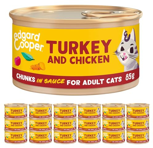 Edgard Cooper Comida humeda gatos, Adultos,Pavo-Pollo, 85g x 18, Pienso gatos Esterilizados y Activos, Sin cereales, Ingredientes naturales, Hipoalergénico, Sin azúcares añadidos