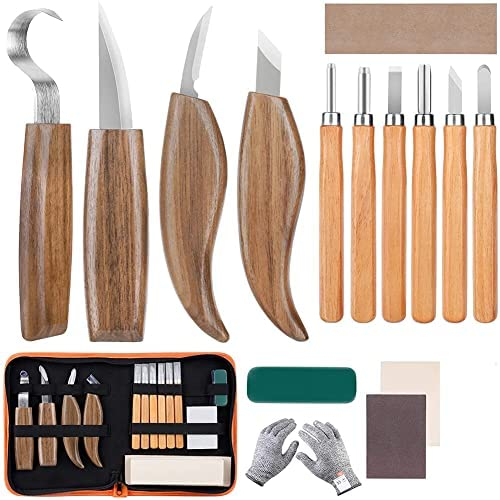 mumisuto Kit Intaglio Legno, 15 Pezzi Intaglio Legno Set con 6 Pezzi Sgorbie per Legno, 4 Pezzi Coltello da Intaglio, Guanti Resistenti al Taglio, per Principianti e Professionisti