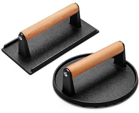 AIVIKI Burger Press, Smash Burger Press for Blackstone Griddle, Heavy Duty Cast Iron Round 6.9In & Rectangular 8.2x4.2In Bacon Grill Press with Wood Handle, Meat Steak Weight for Sandwich, Paninis