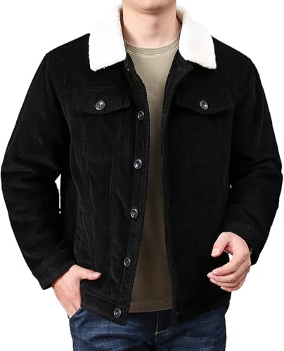 rismart Homme Veste en Velours Côtelé Doublure Sherpa Camionneur Boutonné Col à Revers L'hiver Chaud Manteau Noir,L
