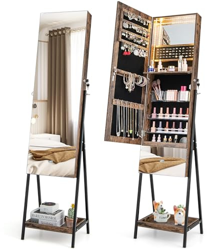 RELAX4LIFE Armoire à Bijoux sur Pied avec Miroir sans Cadre, Miroir Rangement Bijoux LED avec Tiroir Inclinable & Étagère Ouverte, Meuble Bijoux Verrouillable pour Chambre Dressing