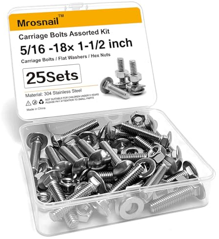 25Pcs Carriage Bolts 5/16-18x1-1/2 Inch, 304 Stainless Steel Full Thread with Round Head Square Neck, Hex Nuts & Washers for Woodworking, Furniture, and Outdoor Projects