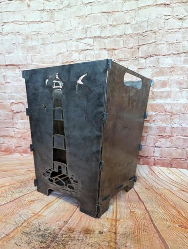 Fuchsbau Feuertonnen Feuerkorb mit MARITIM Motiv - Design Feuerkörbe für Garten & Terrasse - Stahl Feuerschalen Korb, Metall Feuerstelle 49cm groß (Leuchtturm)