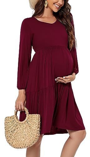 Smallsho Robe Grossesse Manches Longues Femmes Robe Maternité Wine XL