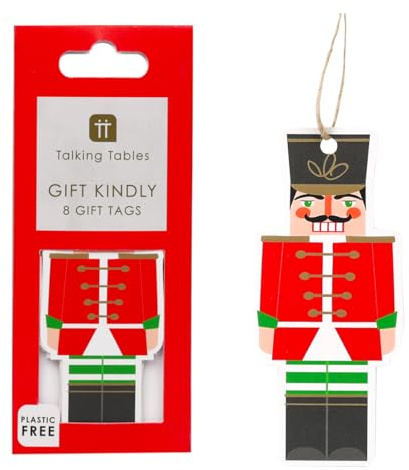Talking Tables 8 x Nutcracker Red Gift Tag with String for Present, 10cm x 4.5cm Secret Santa, Birthday, Christmas, Gift, Tie on Labels with String, Labels
