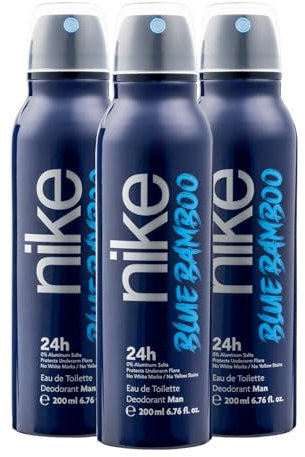 NIKE - Blue Bamboo Pack de 3 x 200 ml, Desodorante Hombre Spray, Desodorante Antimanchas para Todo Tipo de Piel, 0% Sales de Aluminio, de Larga Duración, Fragancia Aromática Marina Amaderada