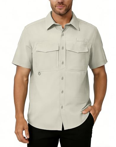 33,000ft Men's Short Sleeve Shirt UV Protection Summer Shirt Quick Dry Hiking Shirts for Casual Safari Walking Golf Light Khaki XL