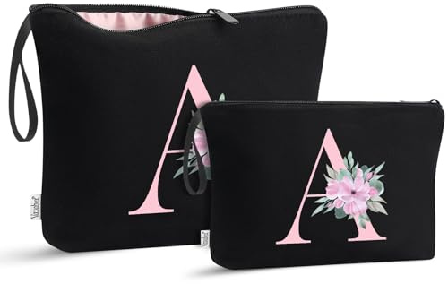 Vavabox 2 Pcs Initial Toiletry Bags Set,Birthday Gifts for Women,Travel Portable Toiletry Bag with Handle (A, Black)
