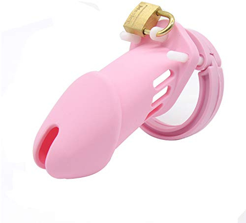 Male Silicone Chastity Device Penis Cage Lockable Cock Cage with 5 Sizes Cock Rings - Smooth Soft Penis Cages - BDSM Sex Toys for Couples (Pink)