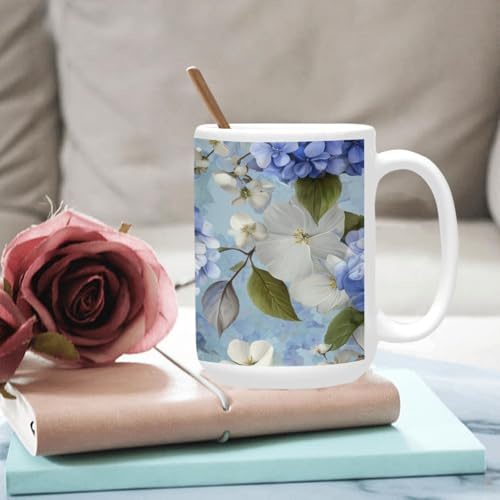qenuh Watercolor Floral Blue Hydrangeas Ceramic Mugs Coffee Cup Smooth Glaze Finish 15 oz Classic Tea Cup for Hot Drinks, Office/Home Use