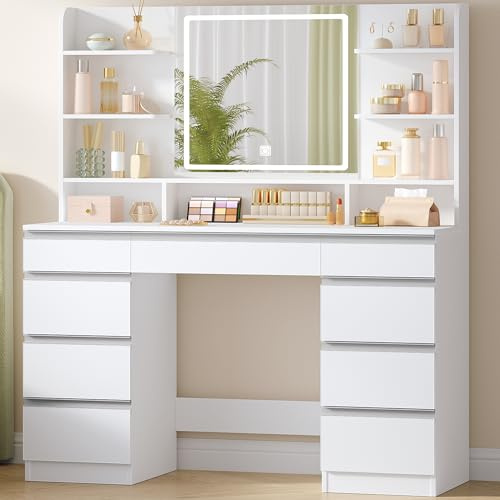 Hzuaneri Dressing Table with LED Light, Vanity Desk with 1 Large Drawer and 8 Small Drawer Cabinets, Adjustable Brightness, Large HD Mirror, 9 Open Storage Areas, White DT41903WUK