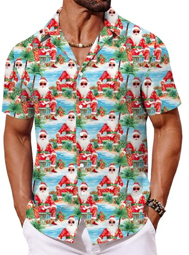 Mainfini Man Christmas Shirts Novelty Hawaiian Short Sleeve Button Shirt Leisure Santa Dress Shirts XL