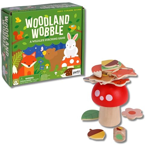 Petit Collage: Woodland Wobble | Wooden Stacking Game for Kids | Roll the Die and Stack the Objects on the Mushroom | Don't let the Tower Fall!| Great for Ages 4+