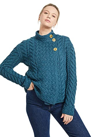 Irländsk aran cardigan stickad kappa yllekappa volljacke cardigan med träknappar av merinoull för kvinnor