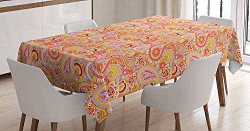 ABAKUHAUS Orange Tischdecke, Paisley, Inn und Outdoor Bereich geeignet Waschbar Druck Klare Farben Kein Verblassen, 140 x 170 cm, Orange Gelb