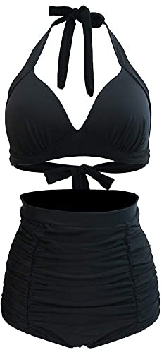VILOREE vintage 50-tals dam badmode bikiniset push-up hög midja nackhållare magen väg, svart, 3XL