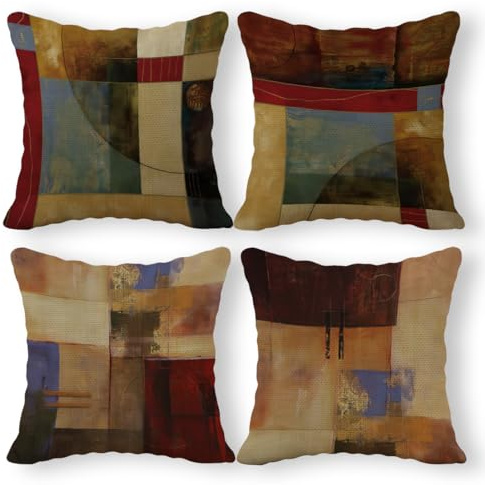 SiuSue Vintage Geometric Decor Linen Throw Pillow Case, 18 x 18 Inch Set of 4, New Living Room Decor, Housewarming Gift, Modern Decor, Mid-Century Modern Style Cushion Cover for Sofa Couch Bed